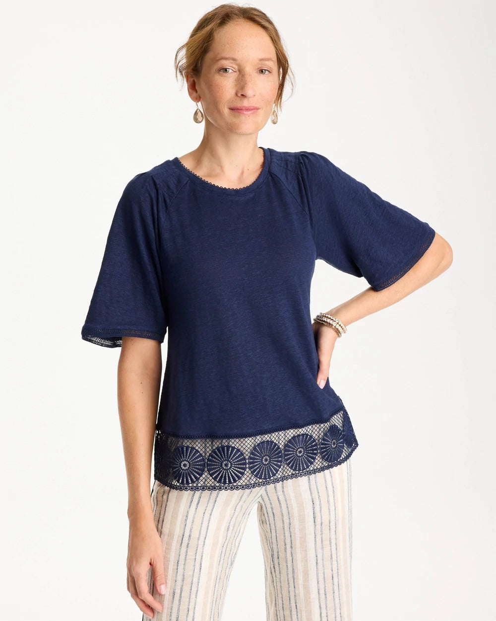 Chico's On Sale Passport Blue Linen Crochet Tee