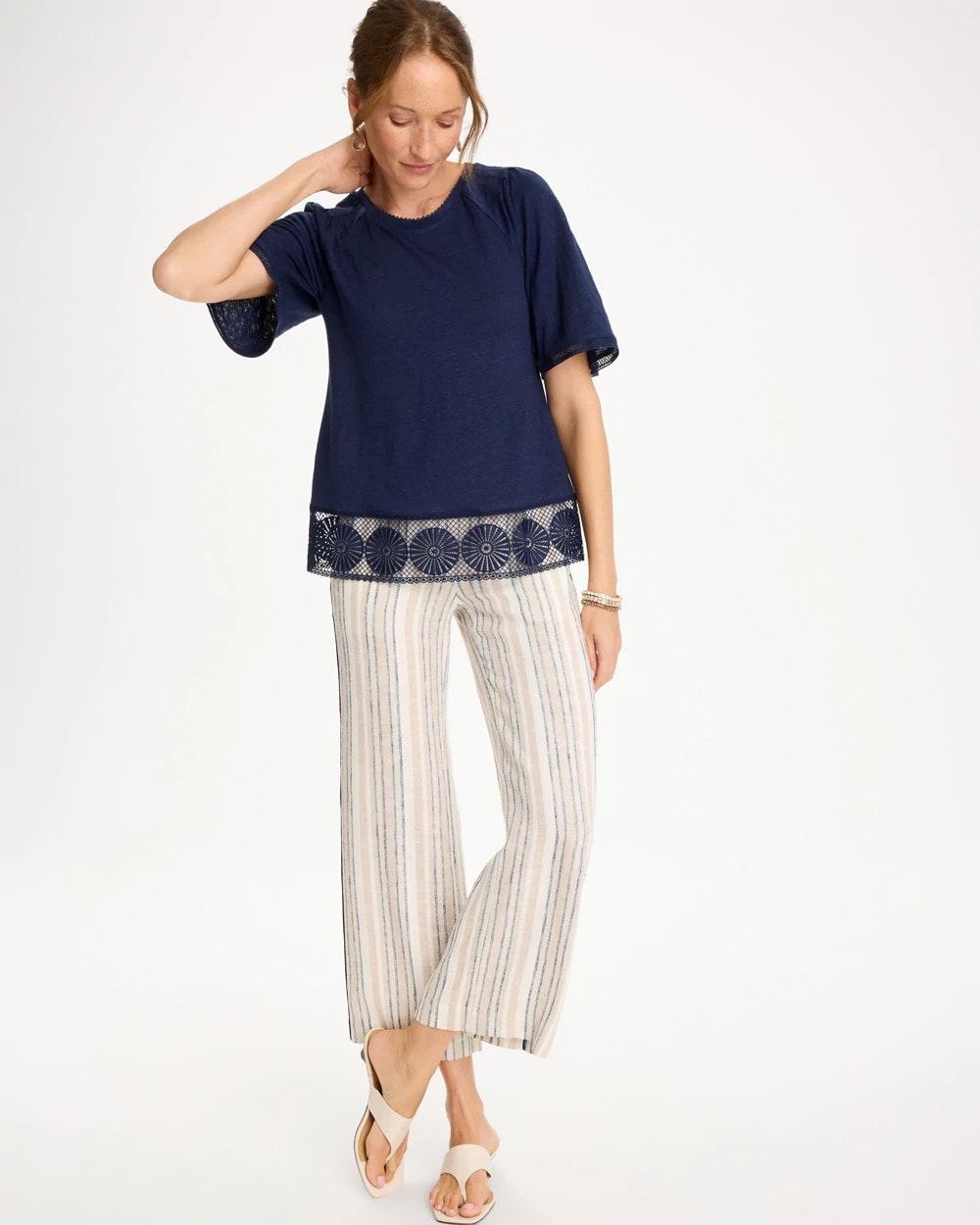 Chico's On Sale Passport Blue Linen Crochet Tee