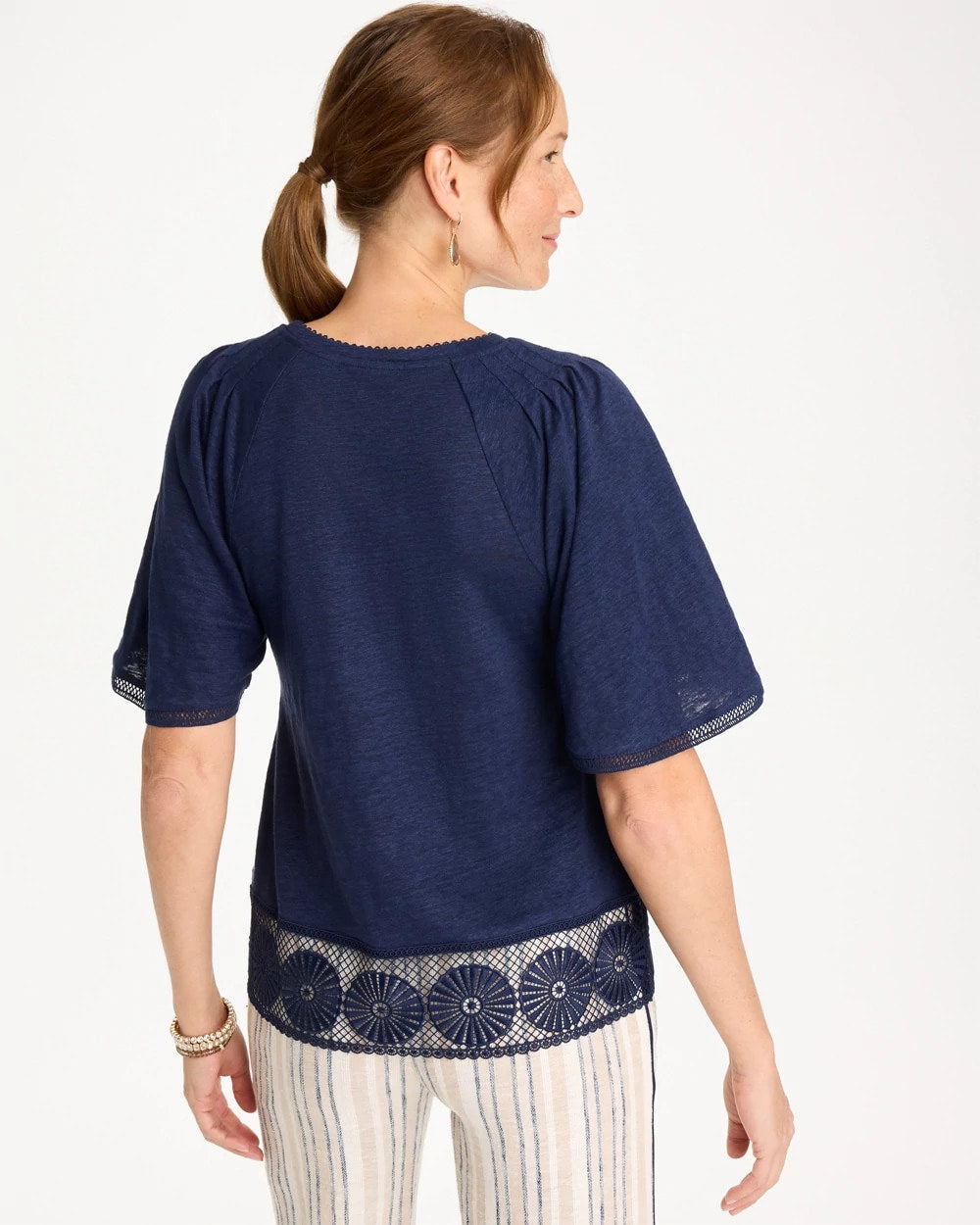Chico's On Sale Passport Blue Linen Crochet Tee