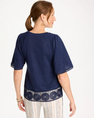 Chico's On Sale Passport Blue Linen Crochet Tee
