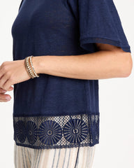 Chico's On Sale Passport Blue Linen Crochet Tee