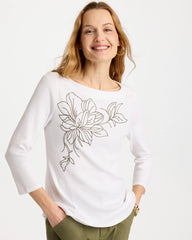 Chico's For Sale Alabaster Embroidered Pima 3/4 Sleeve Tee