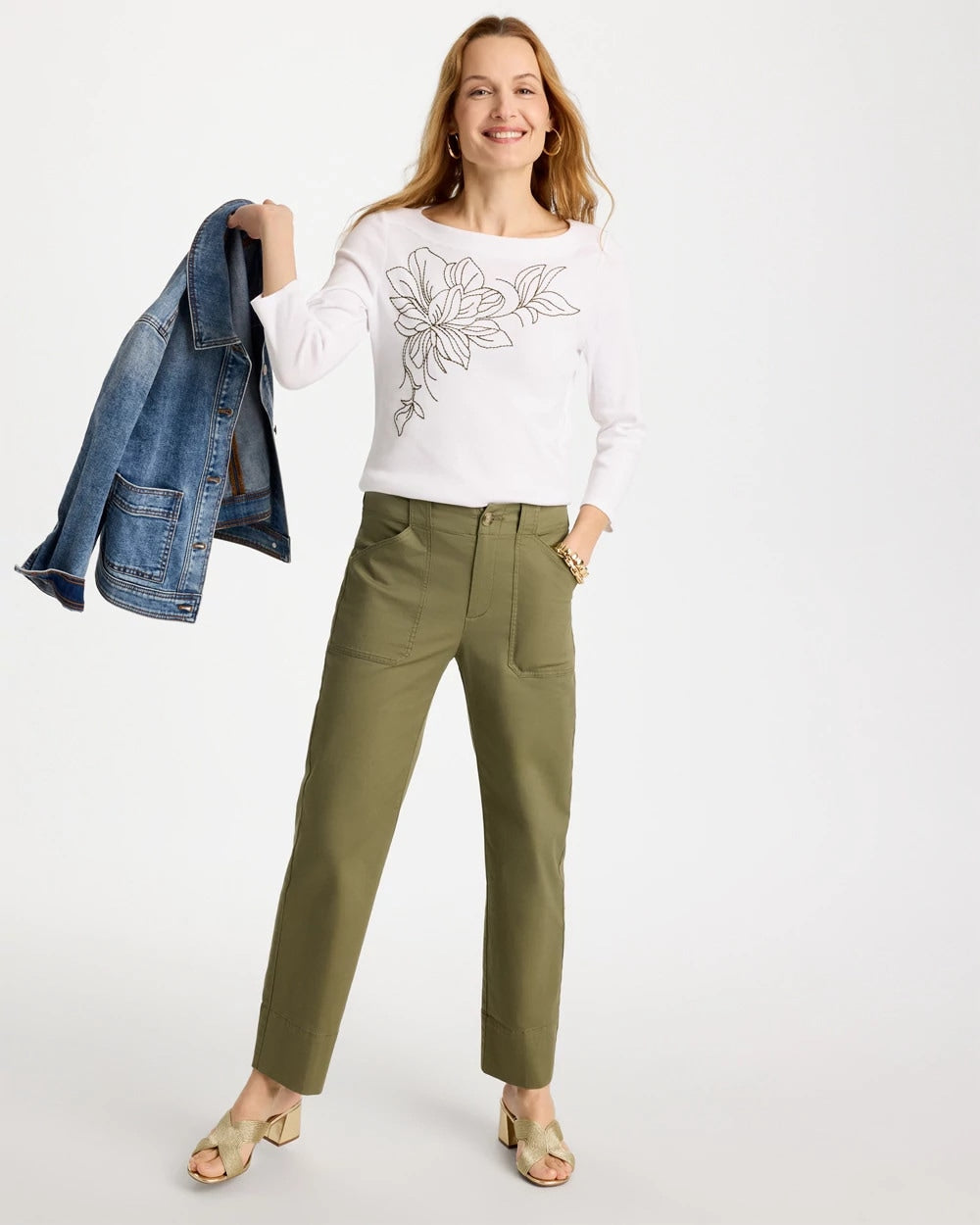 Chico's For Sale Alabaster Embroidered Pima 3/4 Sleeve Tee
