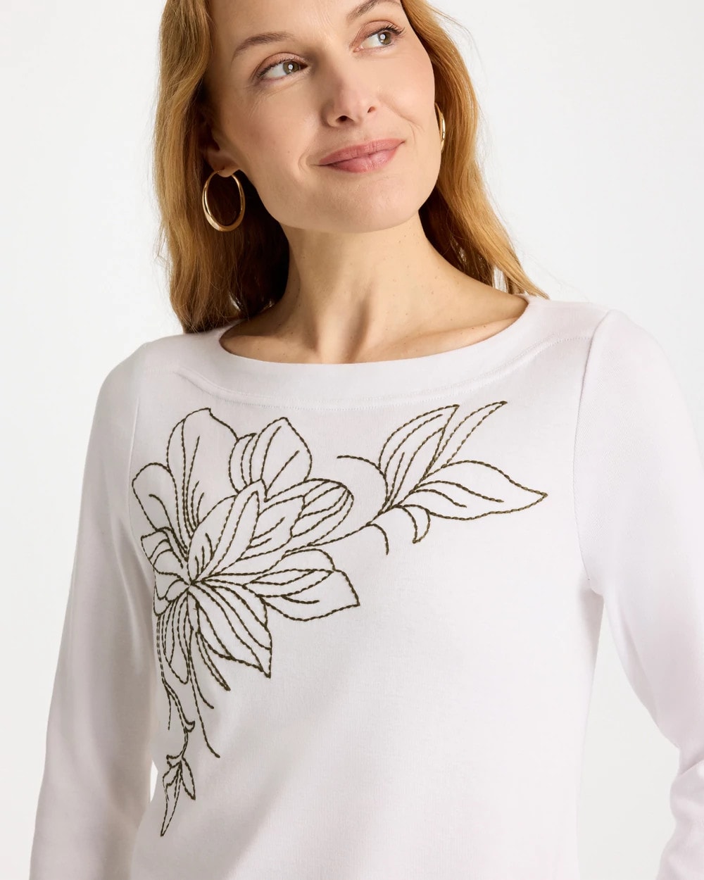 Chico's For Sale Alabaster Embroidered Pima 3/4 Sleeve Tee