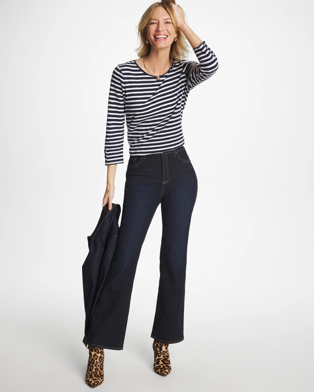 Chico's Online Passport Blue Striped Cotton Slub 3/4 Sleeve Button Tee