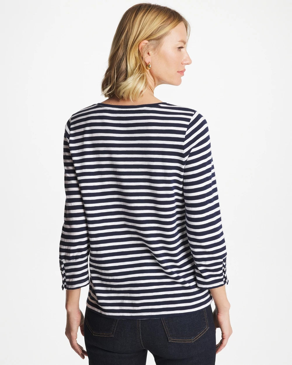 Chico's Online Passport Blue Striped Cotton Slub 3/4 Sleeve Button Tee