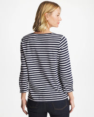Chico's Online Passport Blue Striped Cotton Slub 3/4 Sleeve Button Tee