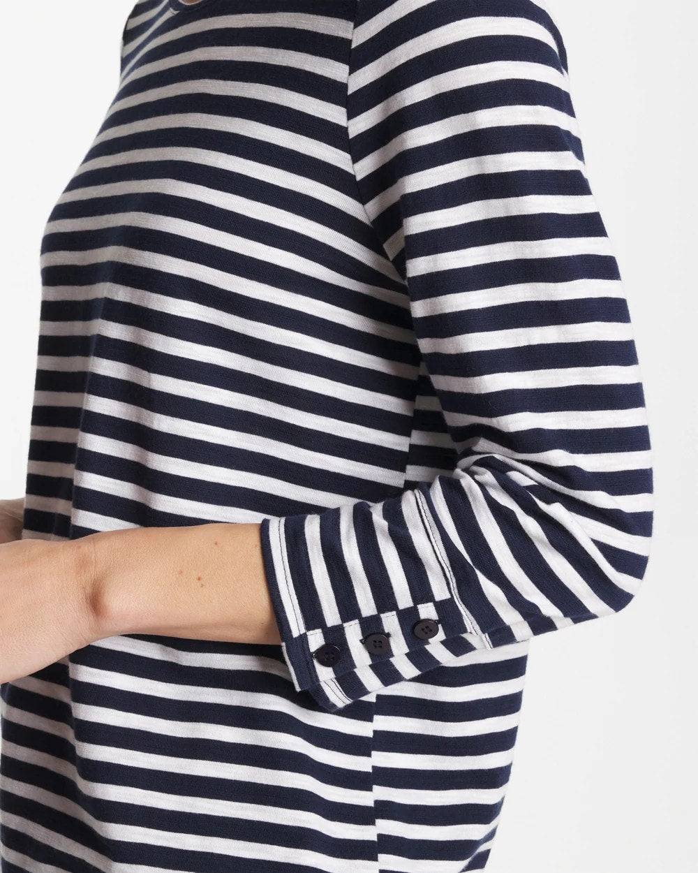 Chico's Online Passport Blue Striped Cotton Slub 3/4 Sleeve Button Tee