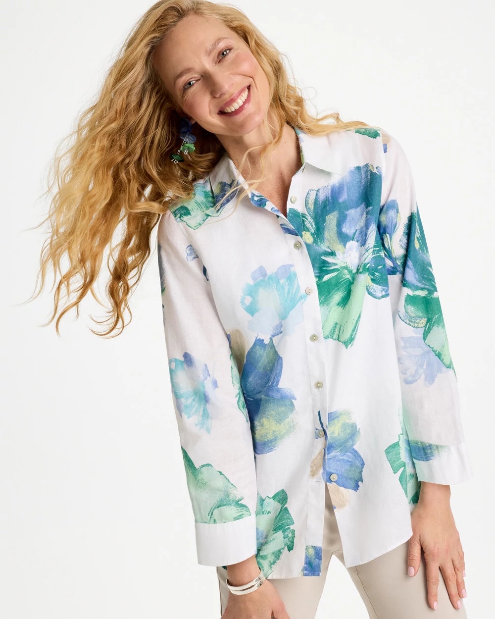 Chico's On Sale Passport Blue No Iron™ Printed Linen Shirt