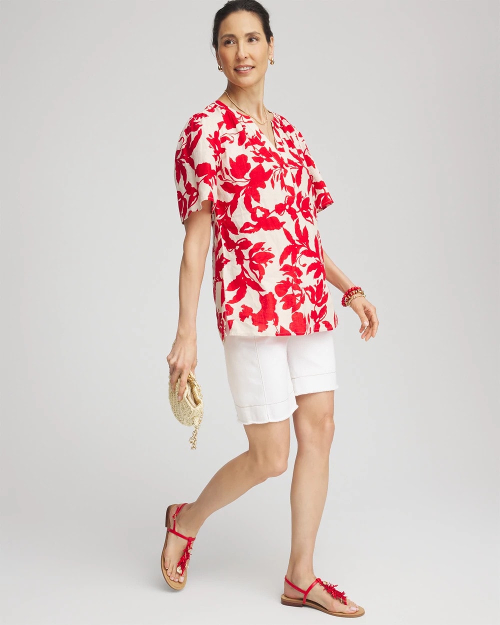 Chico's For Sale Red Glow Floral Linen Popover Shirt