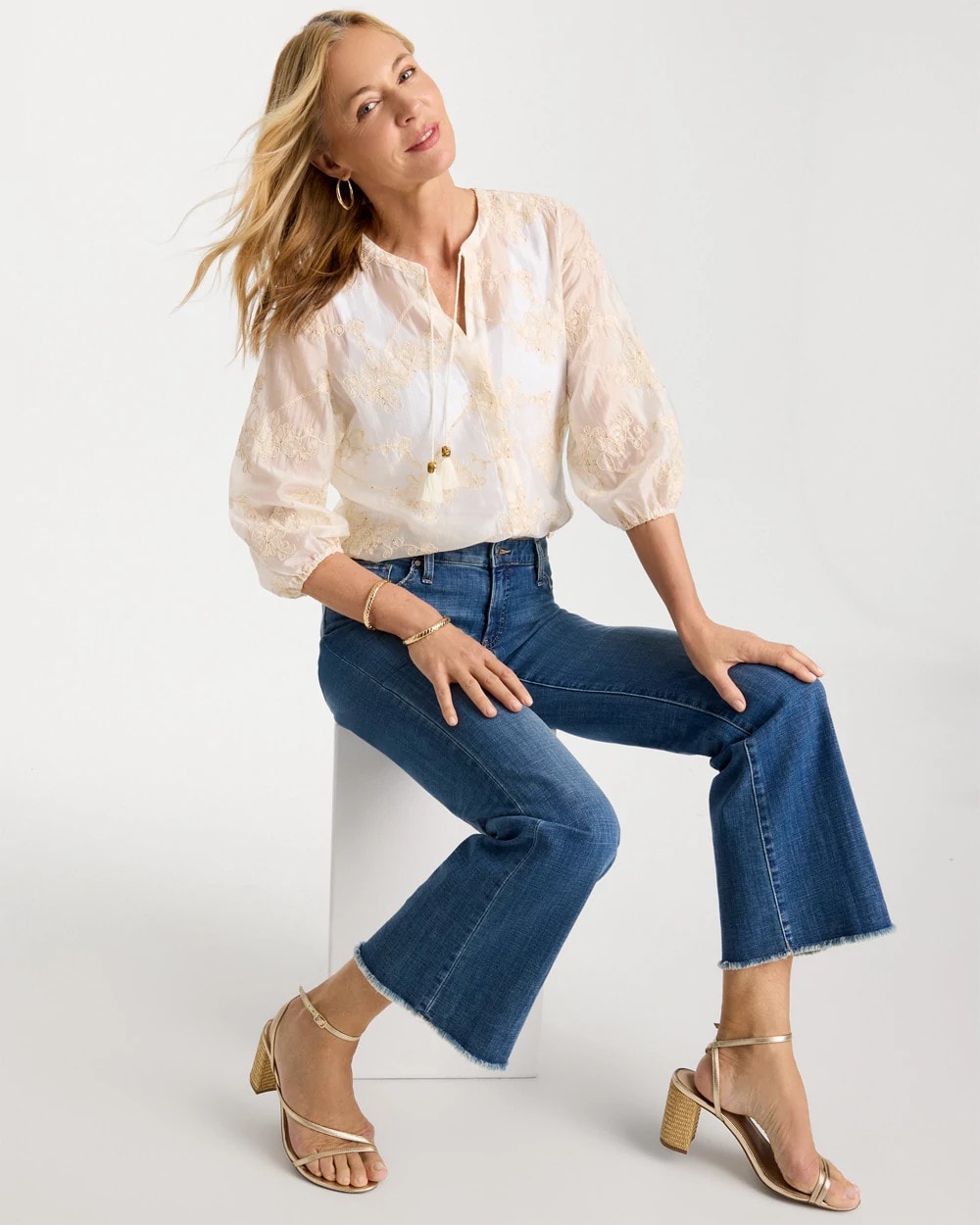 Chico's Outlet Alabaster Embroidered Tassel Tie-Front Top