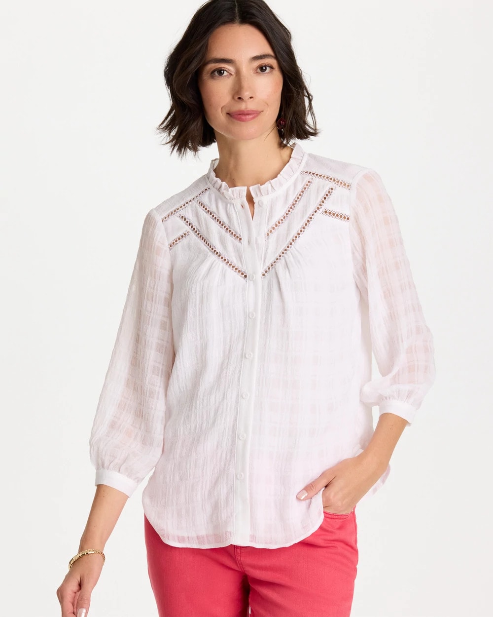 Chico's On Sale Alabaster Cutwork Trim Chiffon Blouse