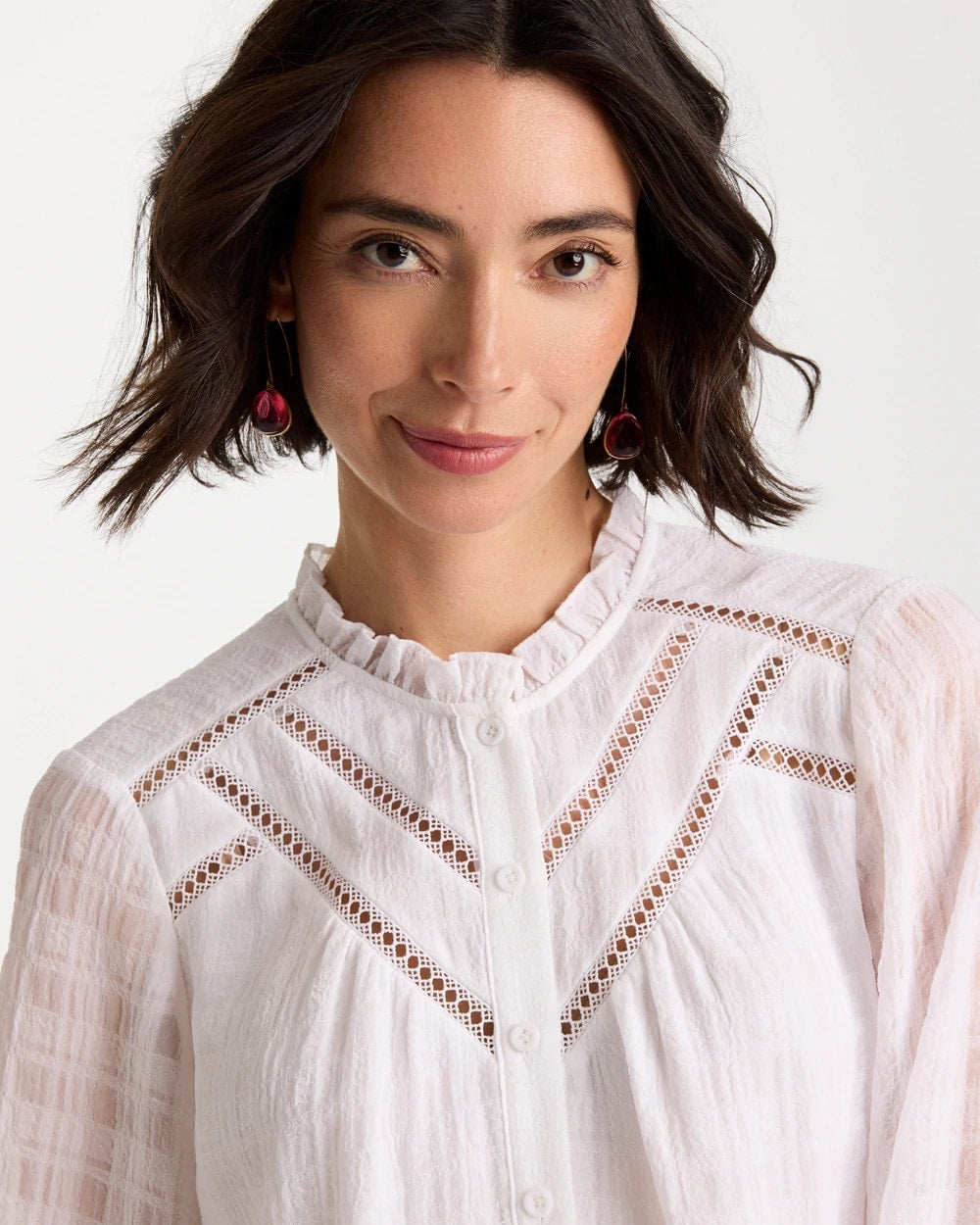 Chico's On Sale Alabaster Cutwork Trim Chiffon Blouse