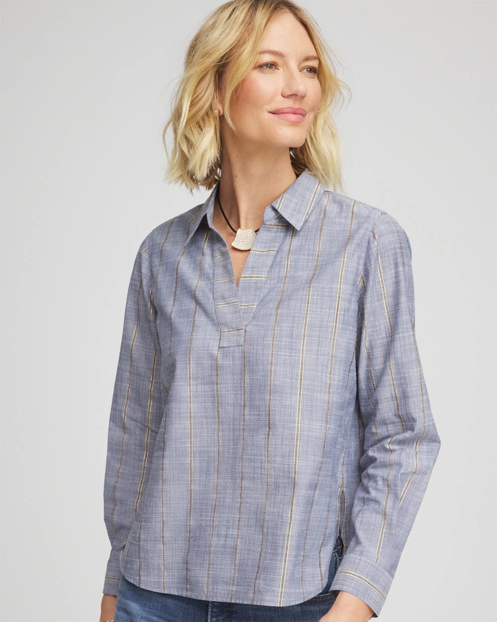 Chico's For Sale Indigo Chambray Striped Soft Popover