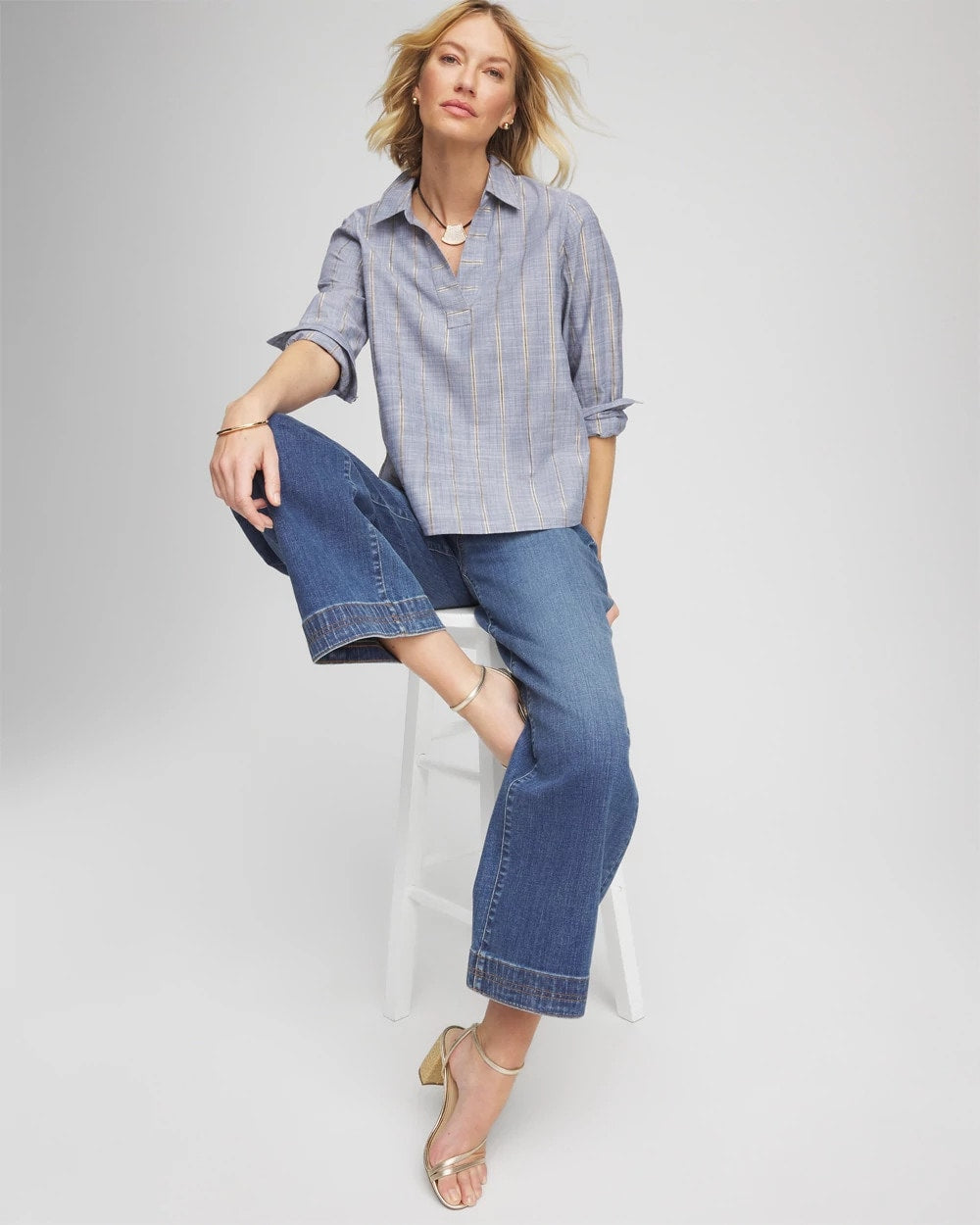 Chico's For Sale Indigo Chambray Striped Soft Popover