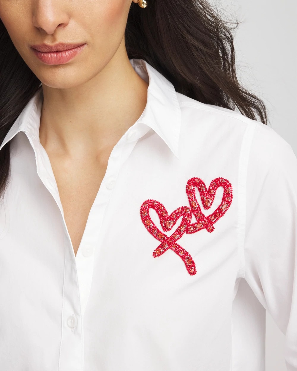 Chico's Discount Alabaster Crystal Heart Poplin Shirt