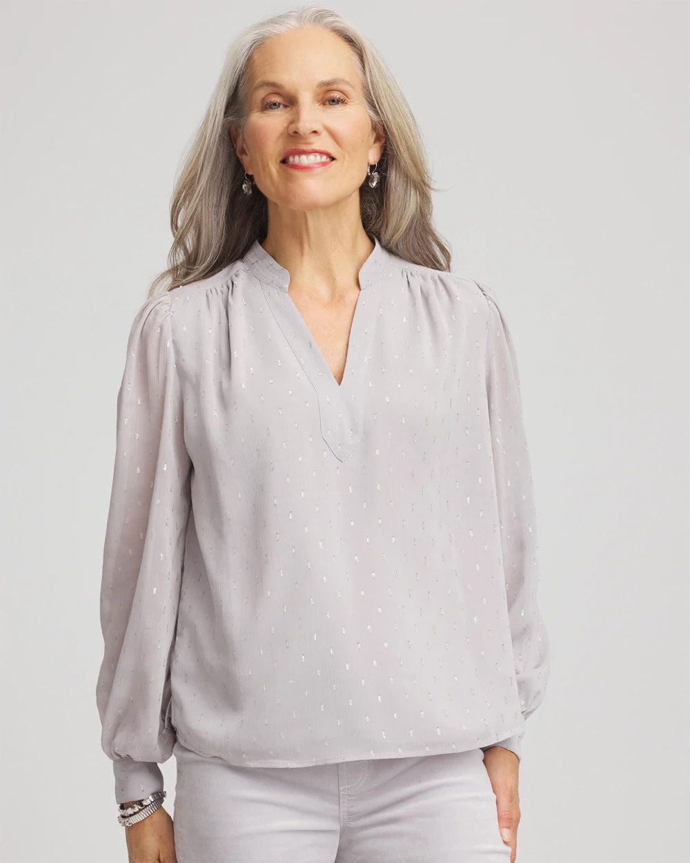 Chico's Sale Dove Gray Georgette Clip Dot Blouse
