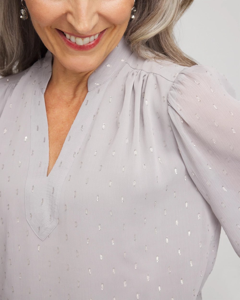 Chico's Sale Dove Gray Georgette Clip Dot Blouse