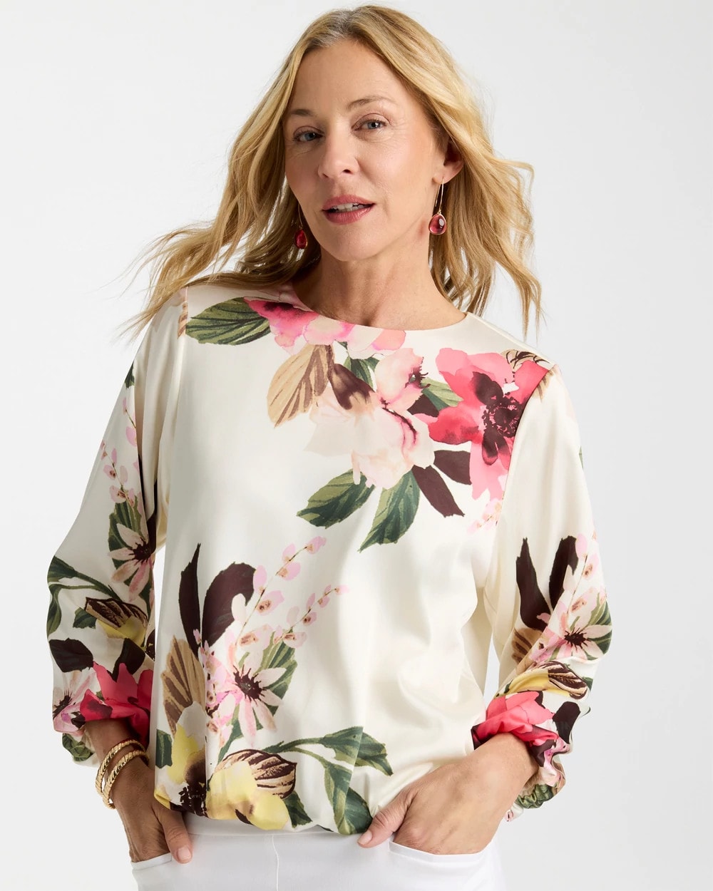 Chico's On Sale Hot Honeysuckle Crewneck Satin Bubble Hem Top
