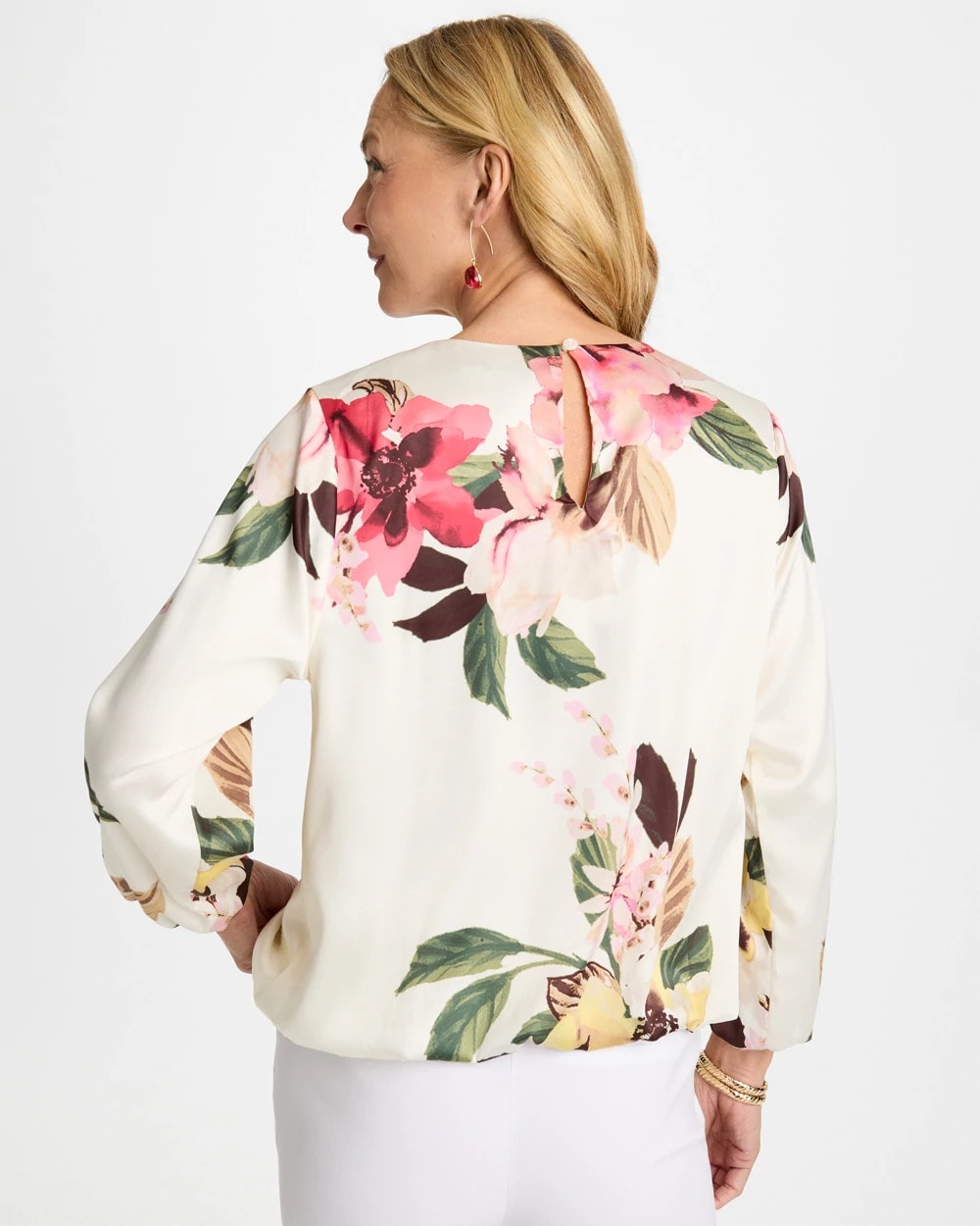 Chico's On Sale Hot Honeysuckle Crewneck Satin Bubble Hem Top