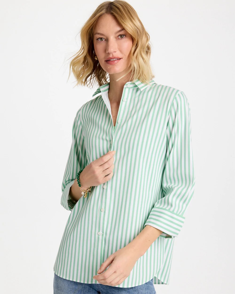 Chico's Sale Peppermint Green No Iron™ Striped Stretch Shirt