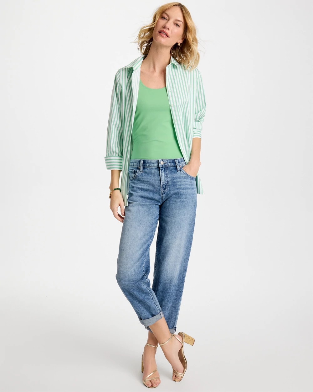 Chico's Sale Peppermint Green No Iron™ Striped Stretch Shirt