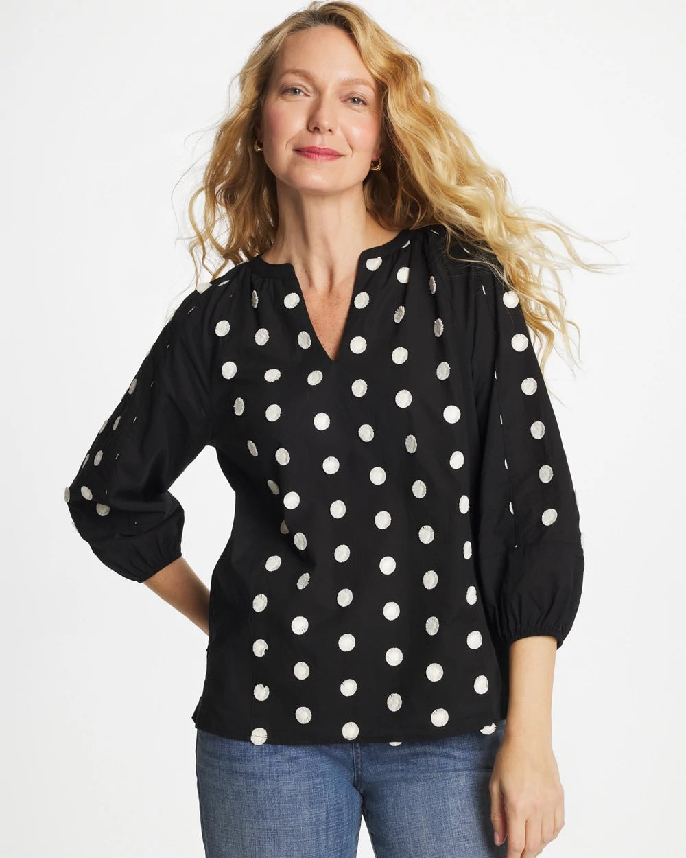 Chico's On Sale Black Textured Polka Dot Blouse