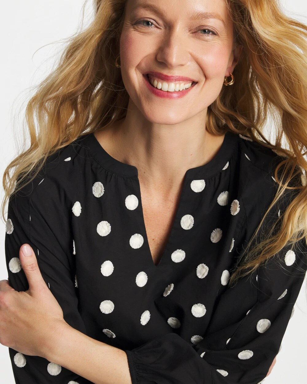 Chico's On Sale Black Textured Polka Dot Blouse