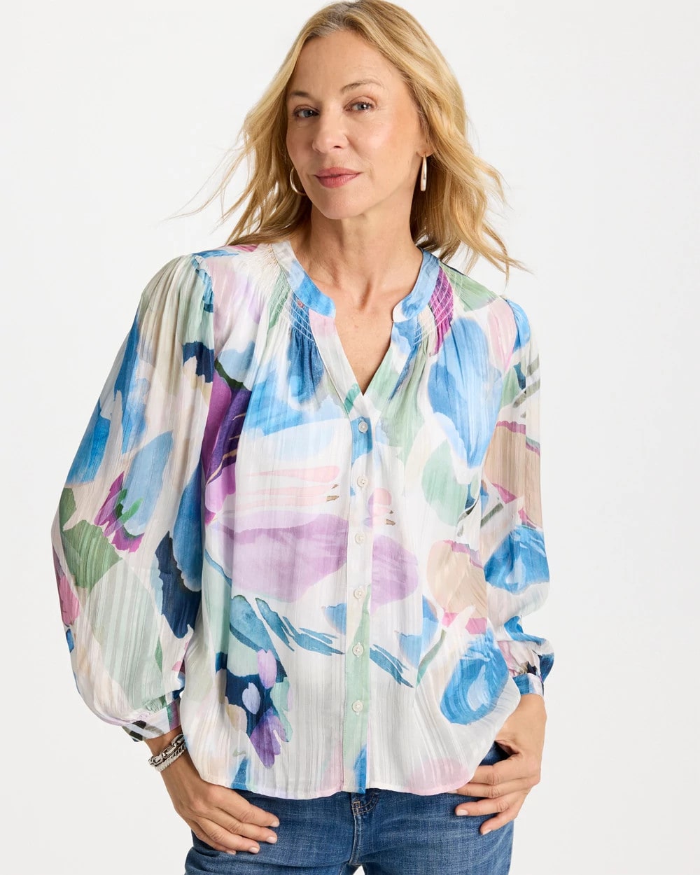 Chico's For Sale Passport Blue Blur Geo Button Front Blouse