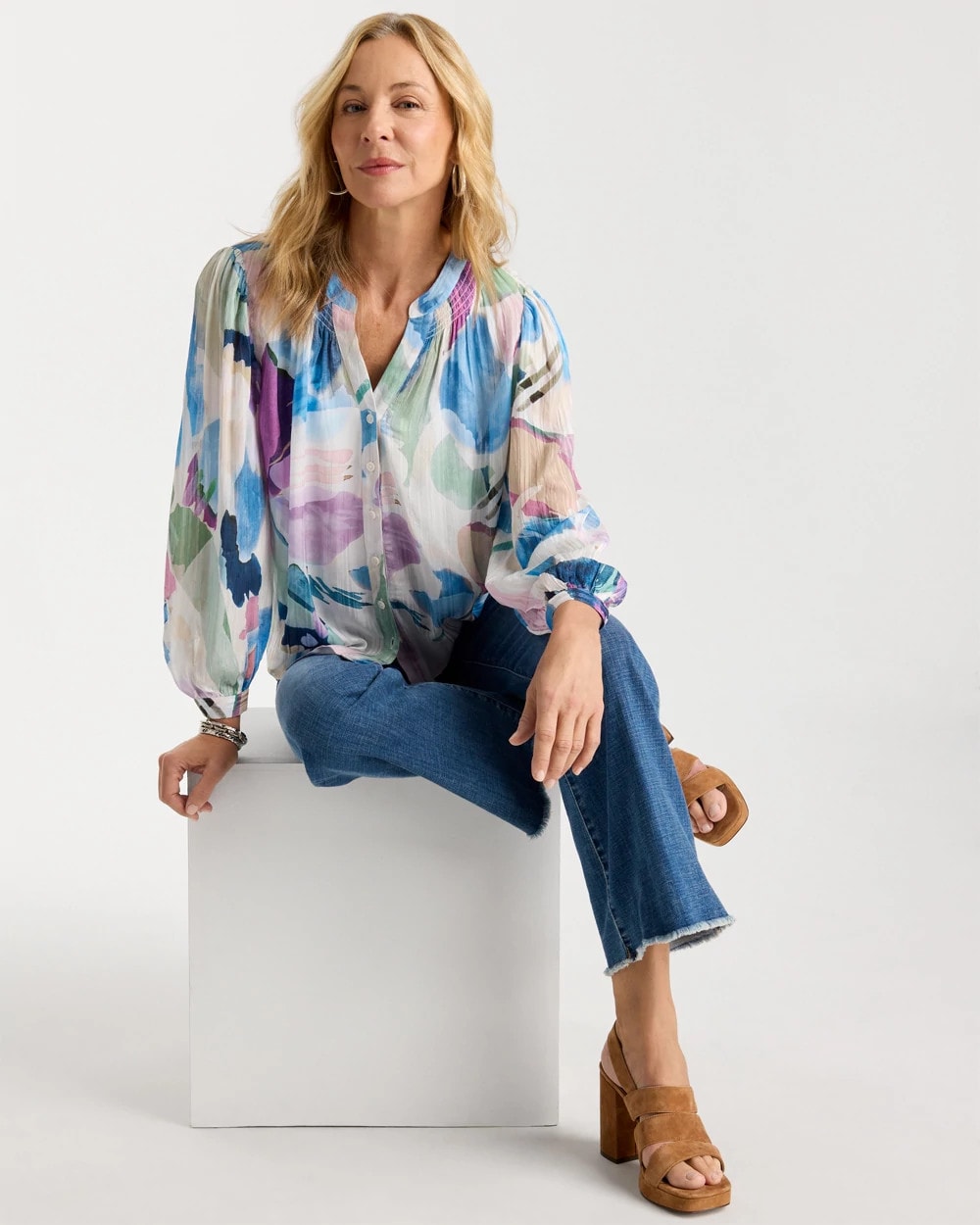 Chico's For Sale Passport Blue Blur Geo Button Front Blouse