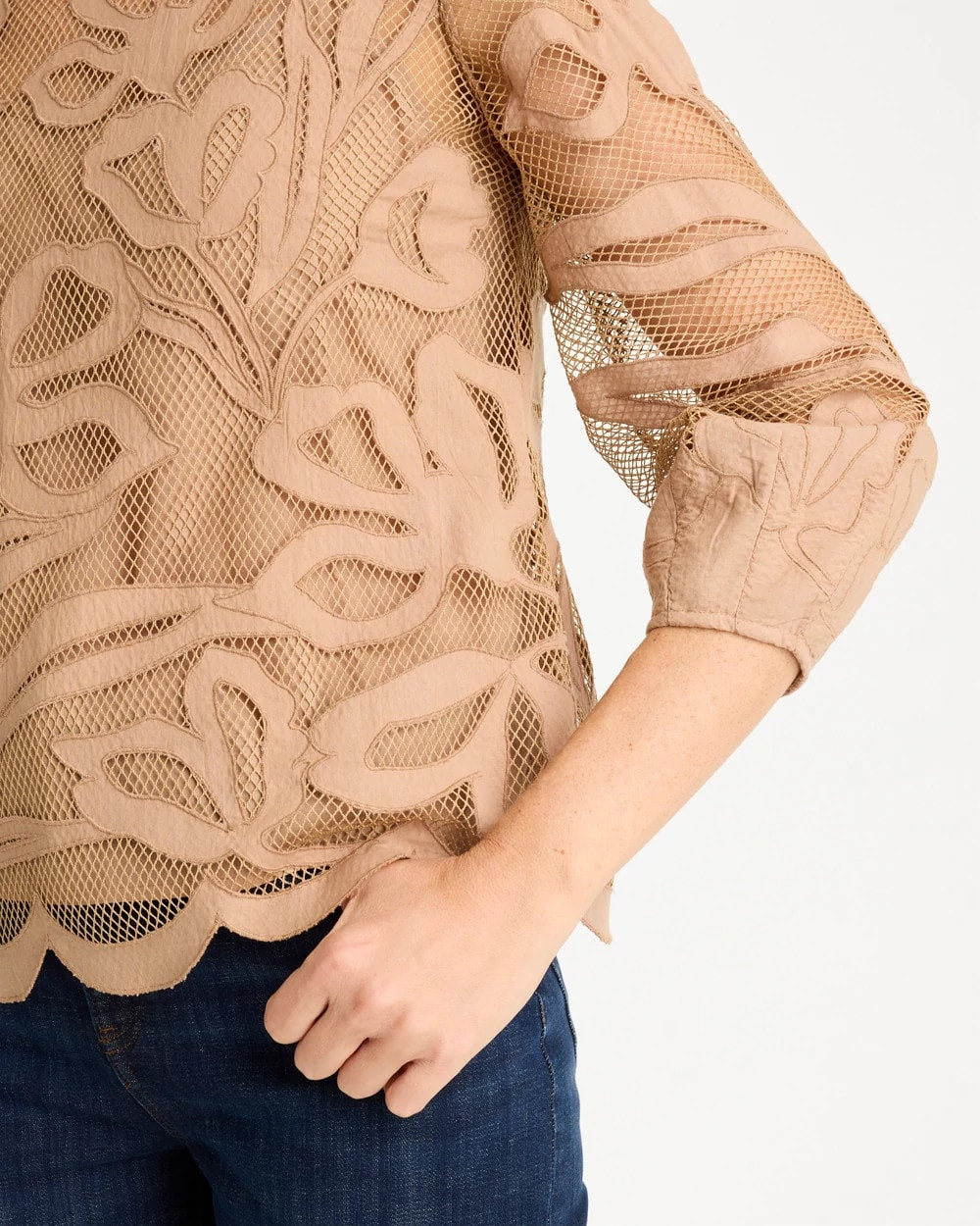 Chico's Discount Cattail Brown Floral-Motif Mesh 3/4 Sleeve Top