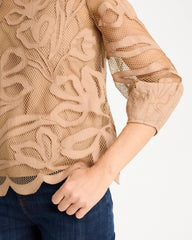 Chico's Discount Cattail Brown Floral-Motif Mesh 3/4 Sleeve Top