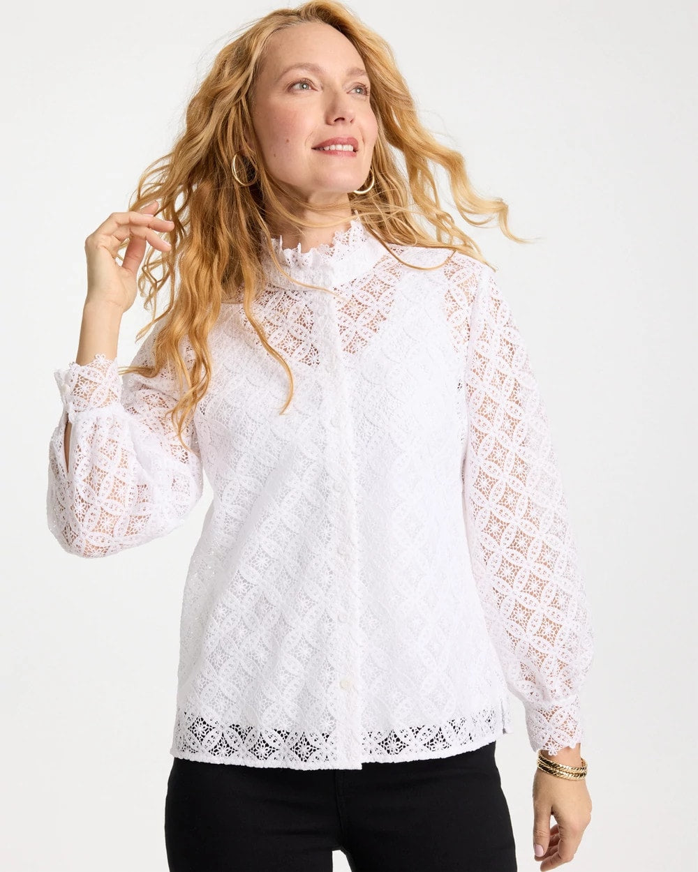 Chico's Sale Alabaster Lace Ruffle Neck Blouse