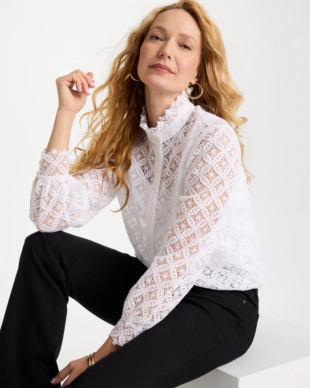 Chico's Sale Alabaster Lace Ruffle Neck Blouse