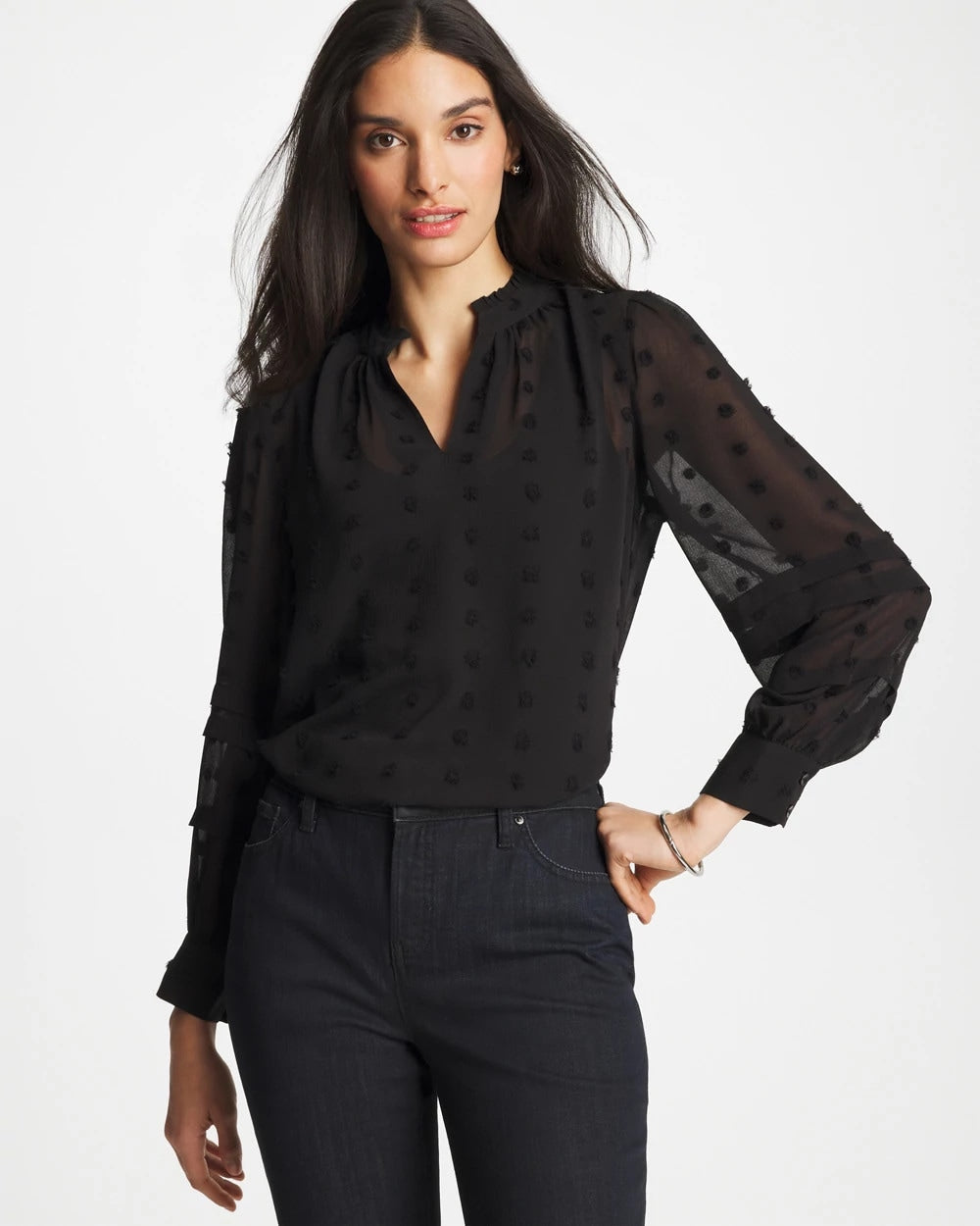 Chico's Discount Black 3D Dot Jacquard Chiffon Blouse