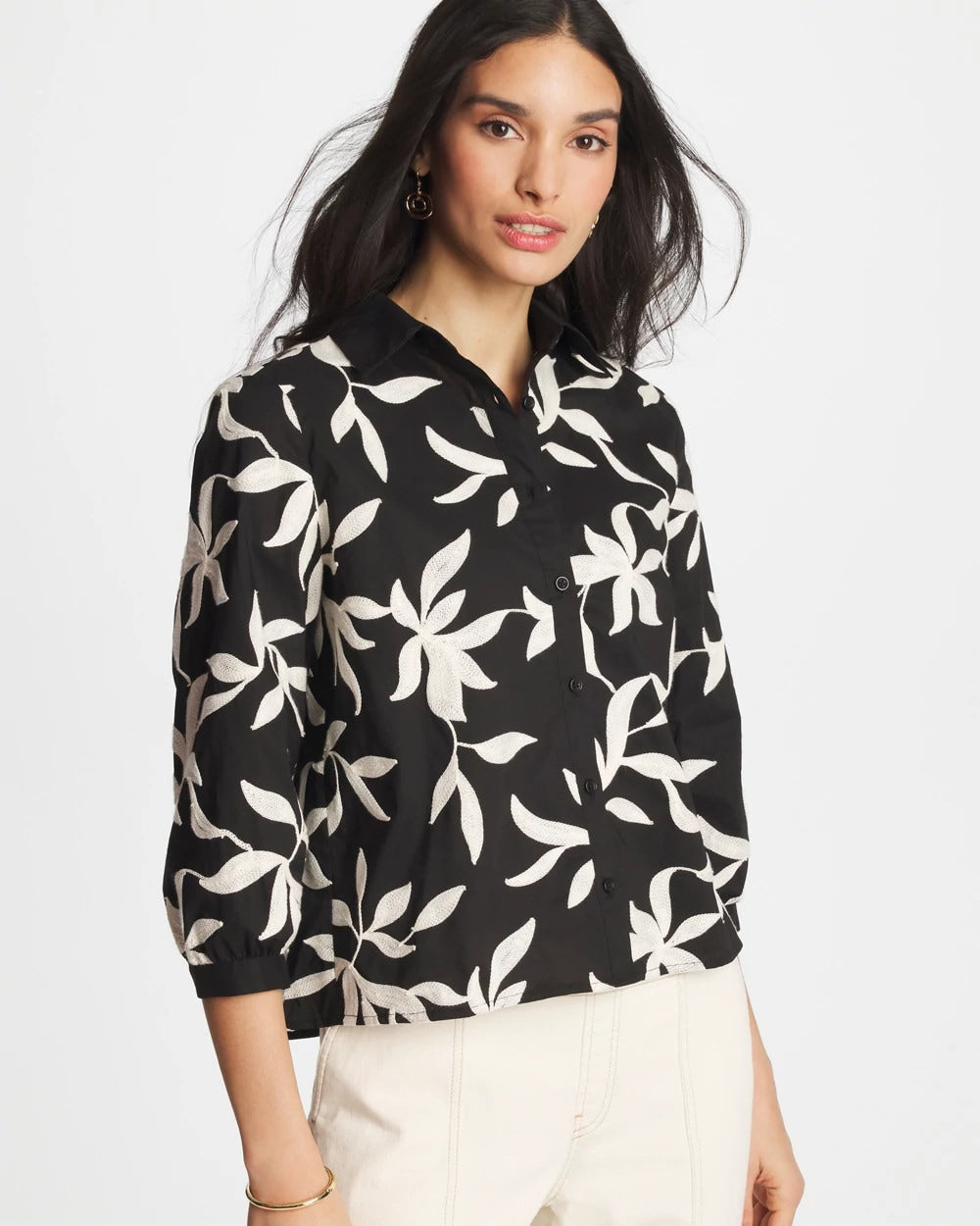 Chico's Sale Black Embroidered Cropped Collared Shirt