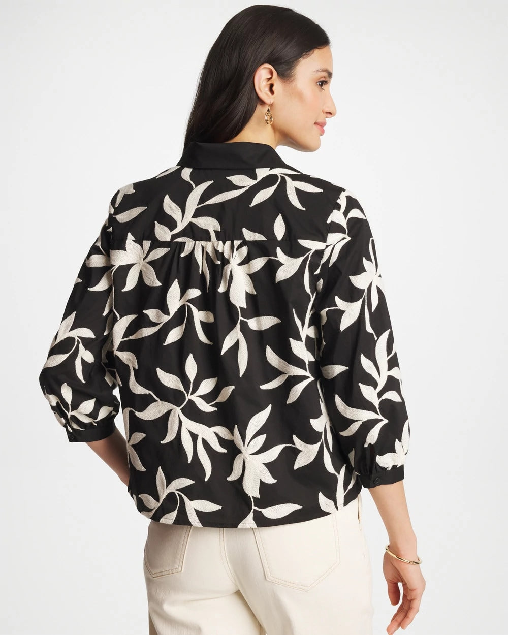 Chico's Sale Black Embroidered Cropped Collared Shirt