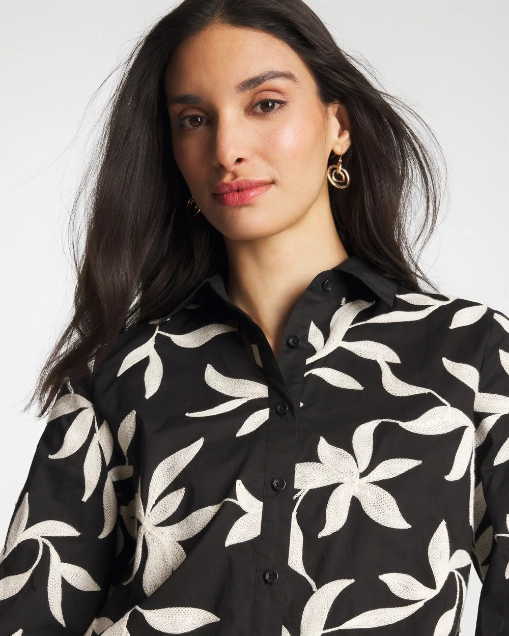 Chico's Sale Black Embroidered Cropped Collared Shirt