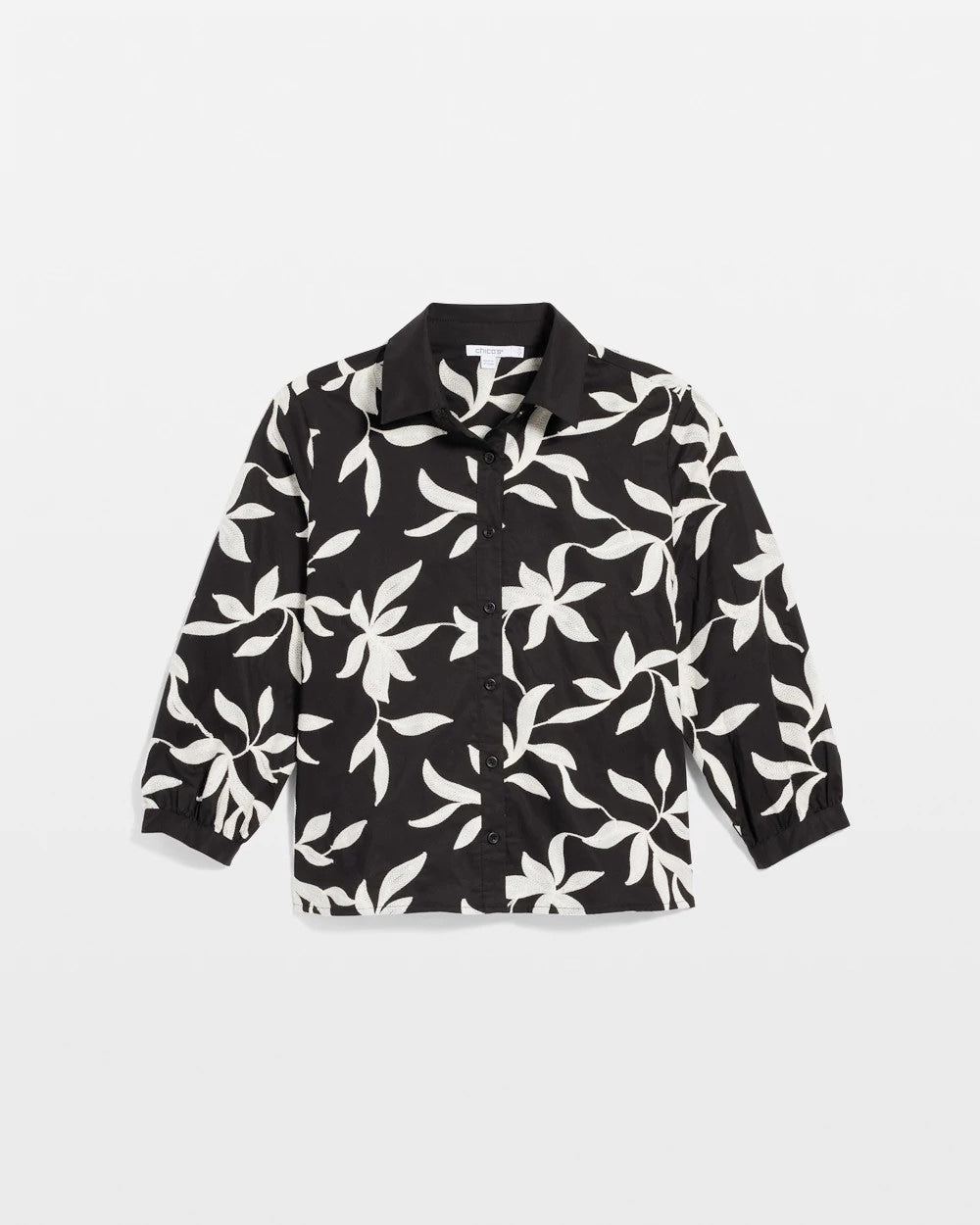 Chico's Sale Black Embroidered Cropped Collared Shirt