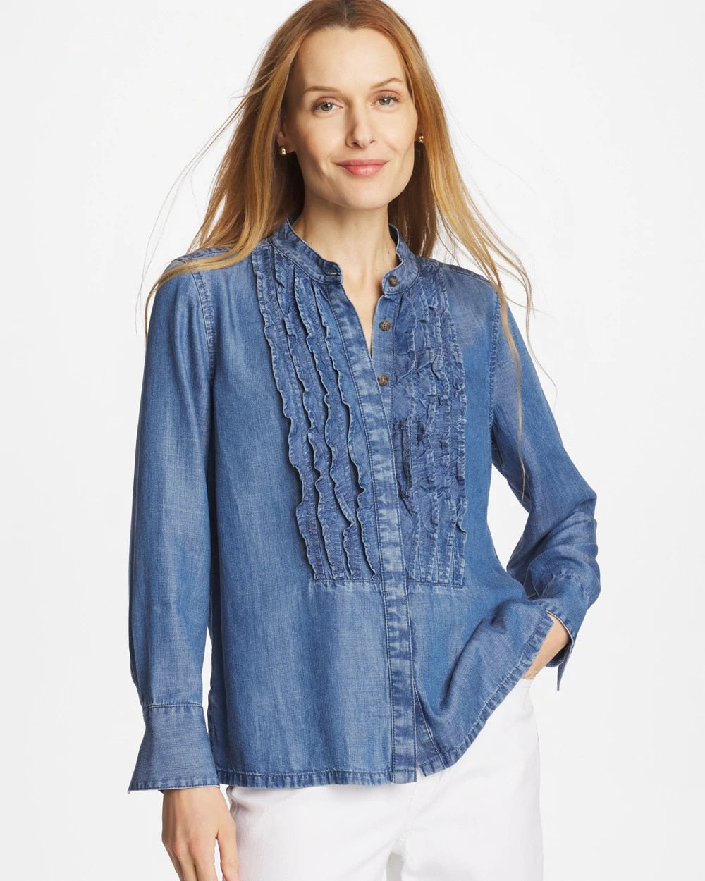Chico's Outlet Bailey Indigo Tencel Ruffle Front Shirt