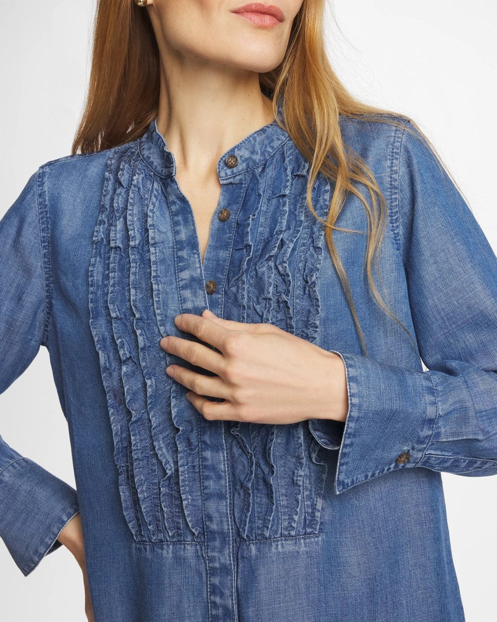 Chico's Outlet Bailey Indigo Tencel Ruffle Front Shirt