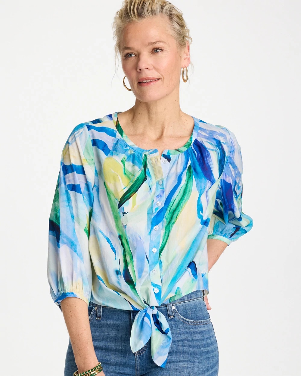 Chico's On Sale Amparo Blue Printed Tie-Front Top