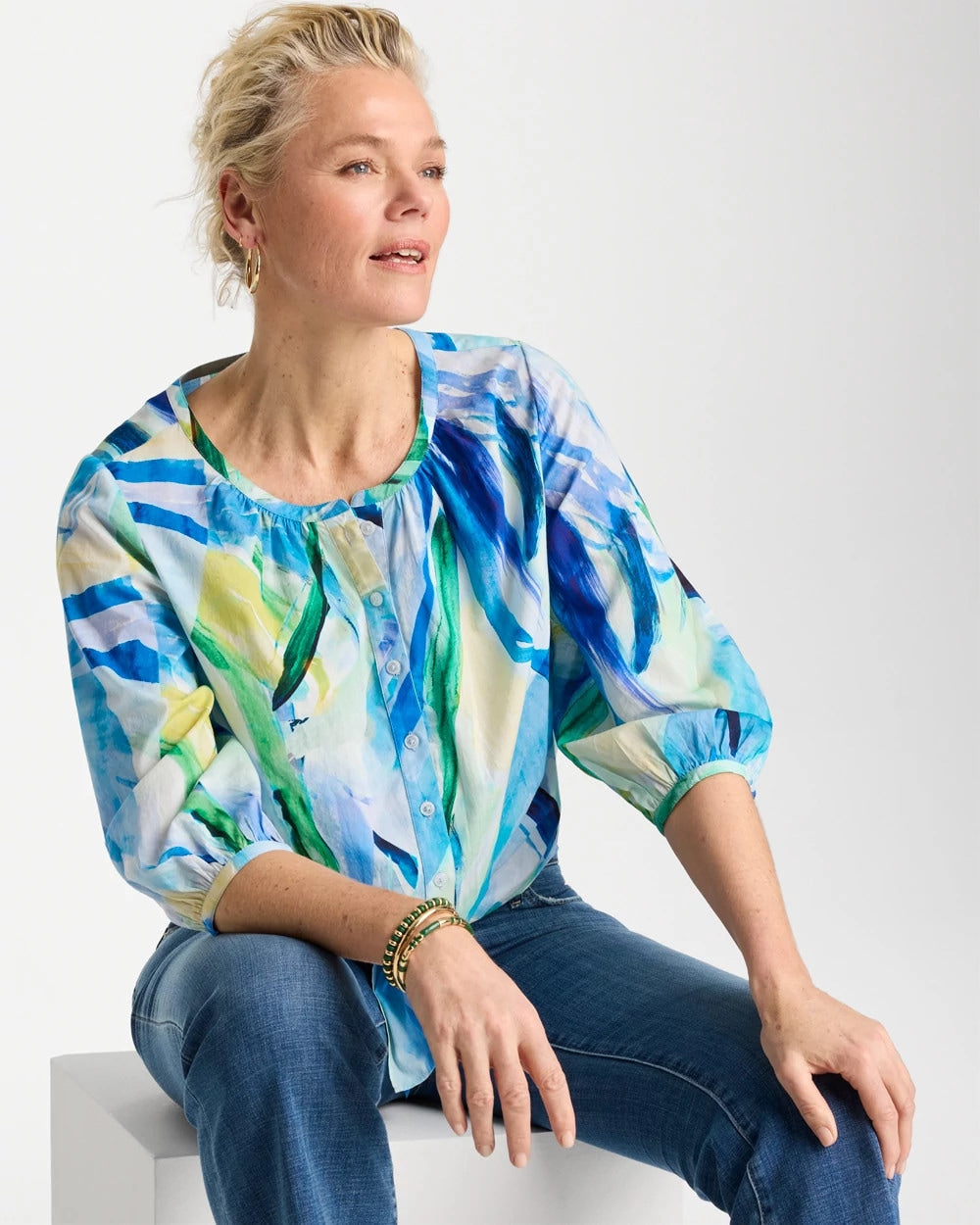 Chico's On Sale Amparo Blue Printed Tie-Front Top