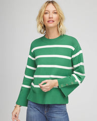 Chico's Sale Jardin Green Striped Button Sleeve Crewneck Pullover Sweater