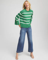 Chico's Sale Jardin Green Striped Button Sleeve Crewneck Pullover Sweater