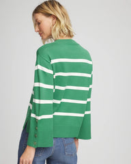 Chico's Sale Jardin Green Striped Button Sleeve Crewneck Pullover Sweater