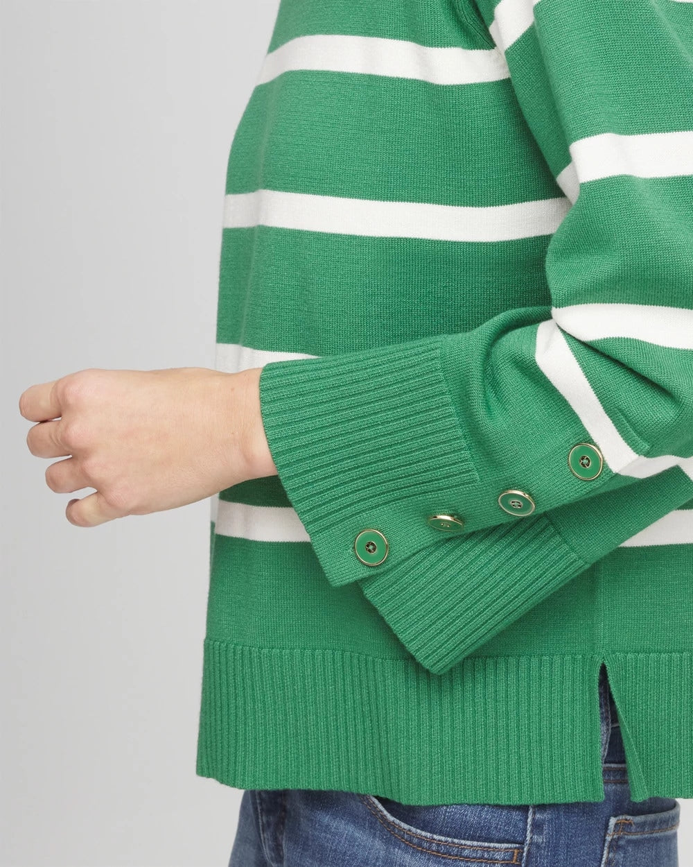 Chico's Sale Jardin Green Striped Button Sleeve Crewneck Pullover Sweater
