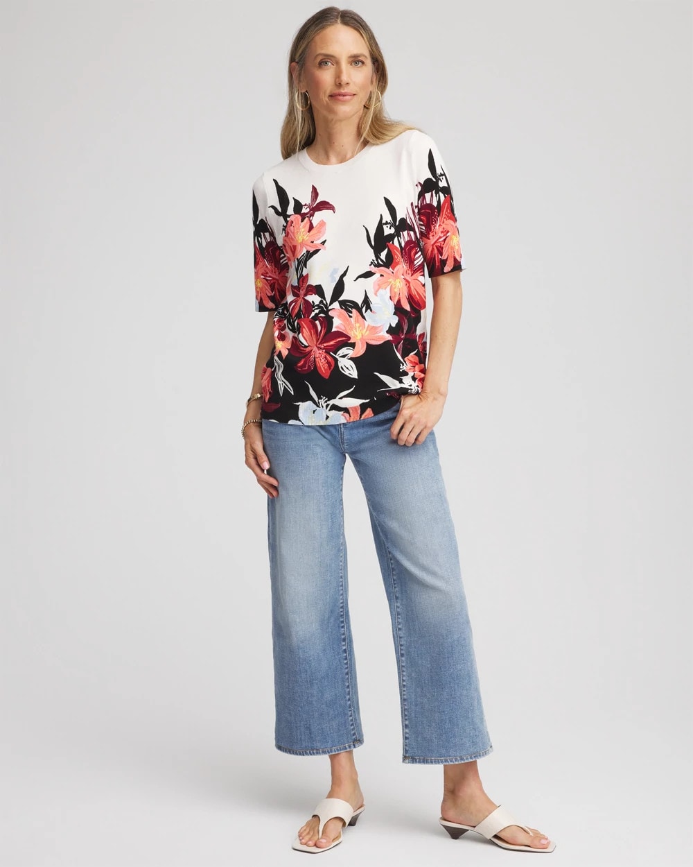 Chico's Outlet Ecru Floral Print Crewneck Sweater