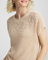 Chico's On Sale Glistening Sand Embroidered Pointelle Pull-Over