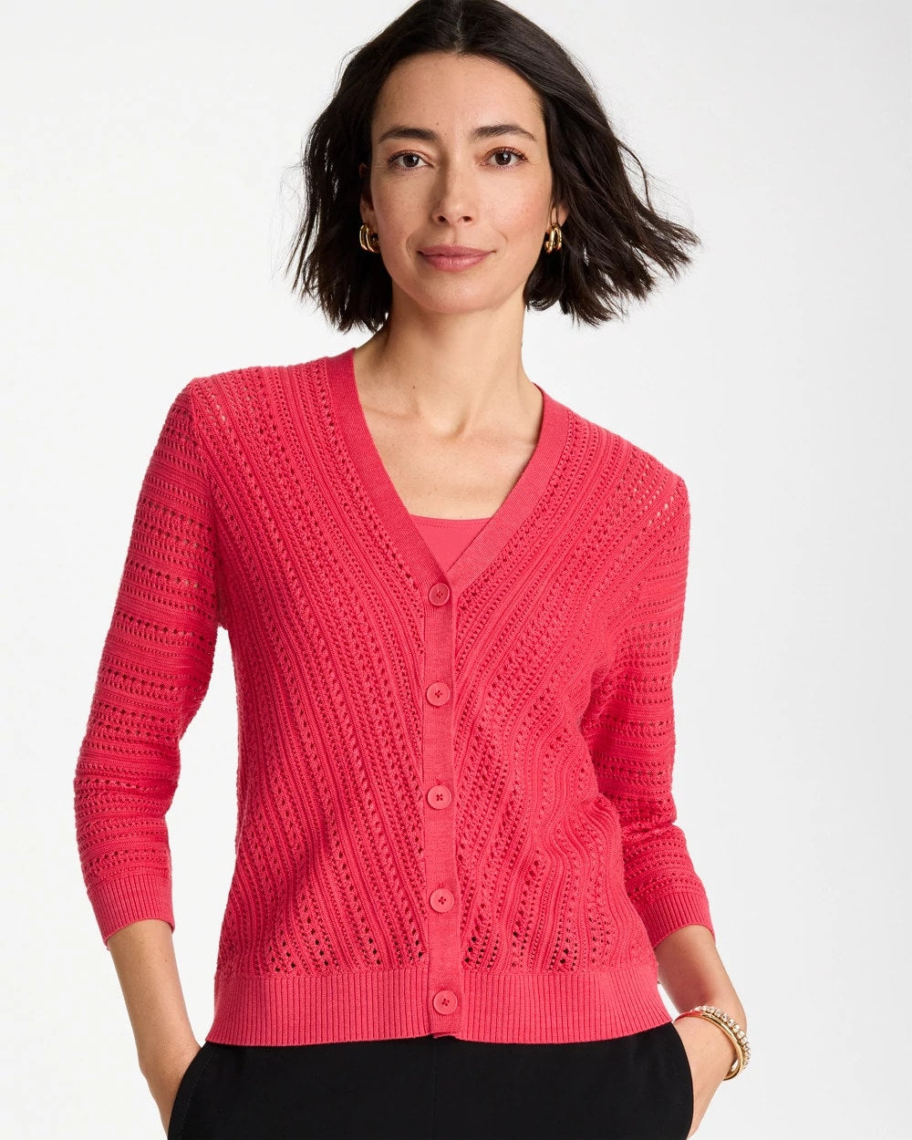 Chico's Online Hot Honeysuckle Stitchy V-Neck Cardigan
